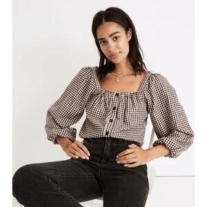 Madewell Puff Sleeve Cropped Flannel Top Chocolate Gingham Plaid M